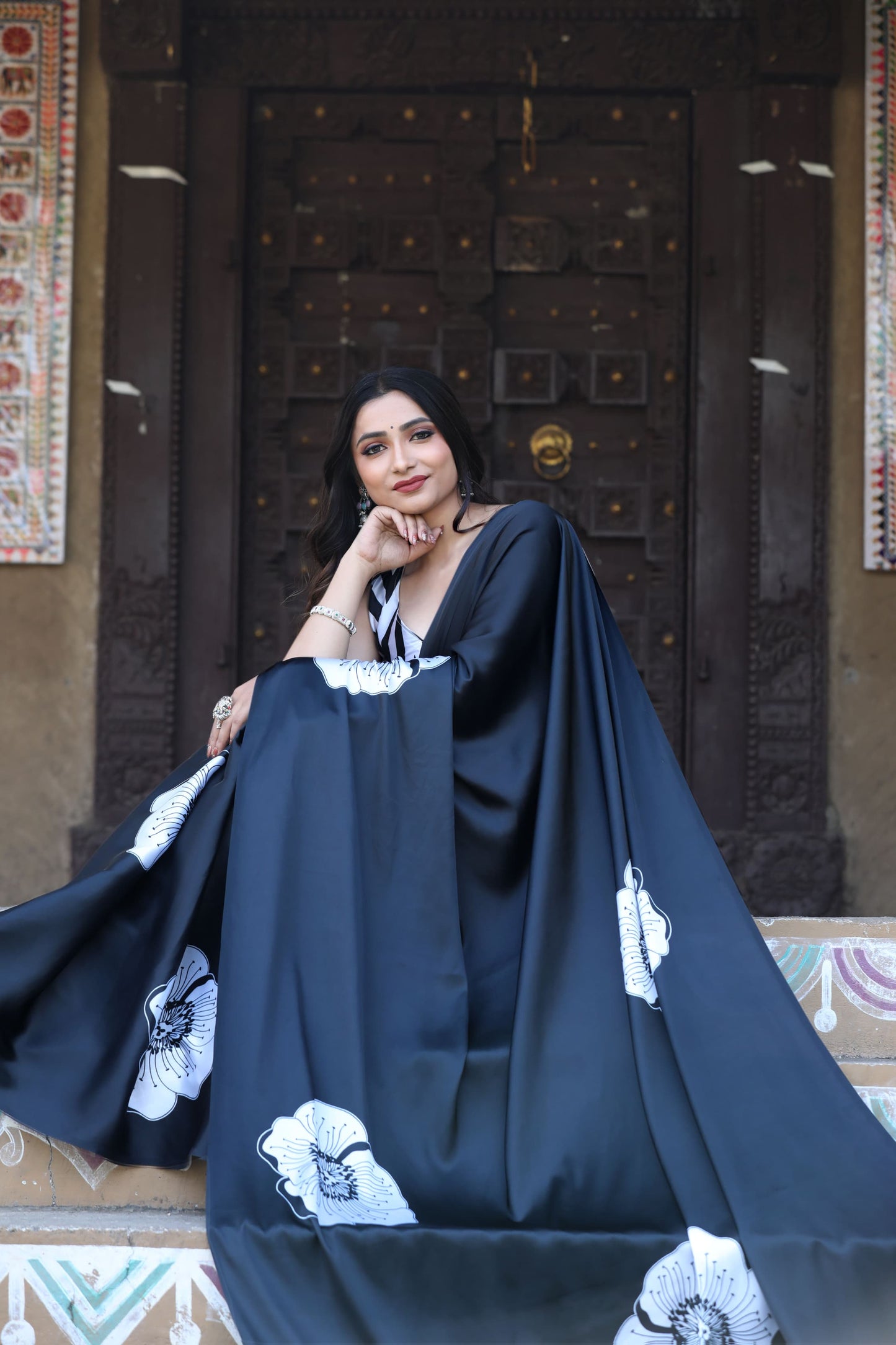 Satin Saree with Oversized White Floral Digital Print Original Japan Satin (Devsena satin)