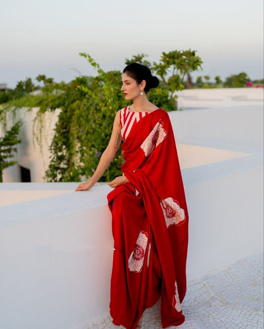 Satin Saree with Oversized White Floral Digital Print Original Japan Satin (Devsena satin)