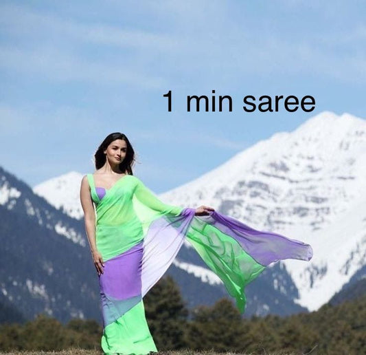 1 min Alia Bhatt Soft Georgette Pink Yellow Green Shade Saree Ready to Wear