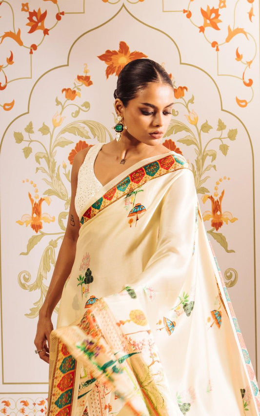 White Heritage Print Satin Saree Digital Print Original Japan Satin (Devsena satin)