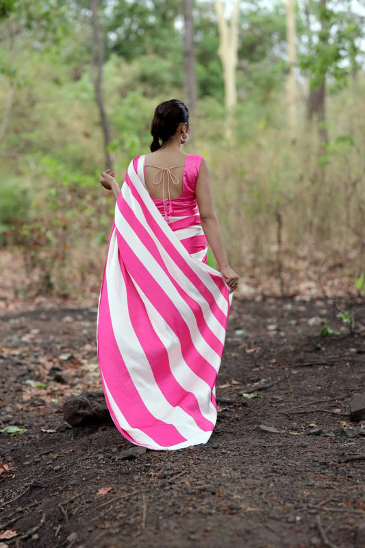 Pink & White Vertical Stripe Digital Print saree Original Japan Satin (Devsena satin)