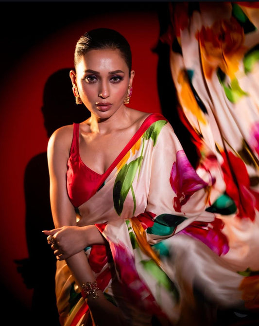 White Floral Printed Satin Silk Saree with Pink Border Digital Print Original Japan Satin (Devsena satin)