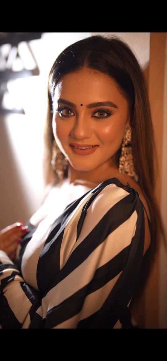 Black and White Zebra Print Style Saree Digital Print Original Japan Satin (Devsena satin)