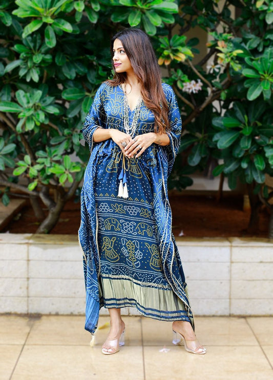 Satin Blue Dot Digital Pritned Kaftan
