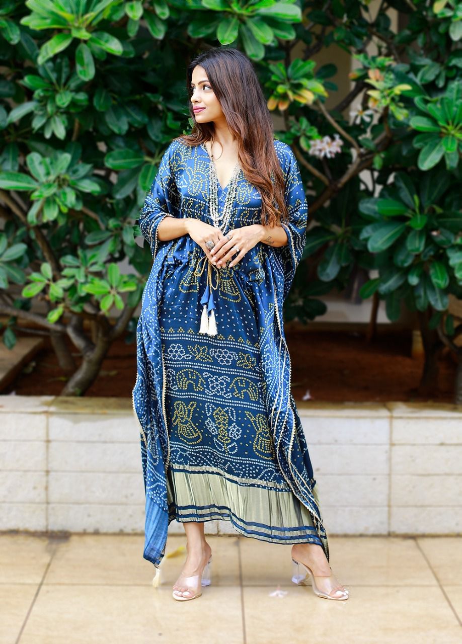 Blue Dot Ajrak Pallu Digtial Printed Satin Kaftaan