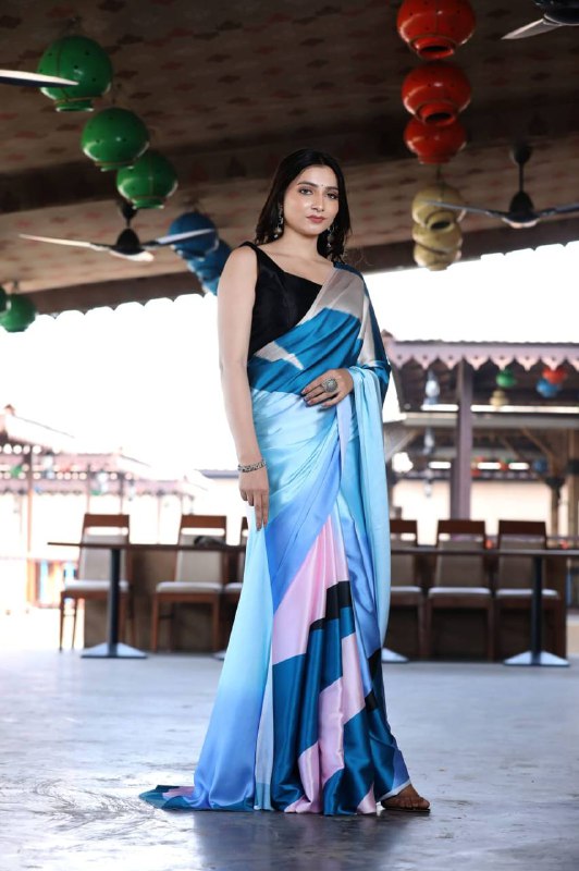 Multi-Color Block Satin Saree Digital Print Original Japan Satin (Devsena satin)