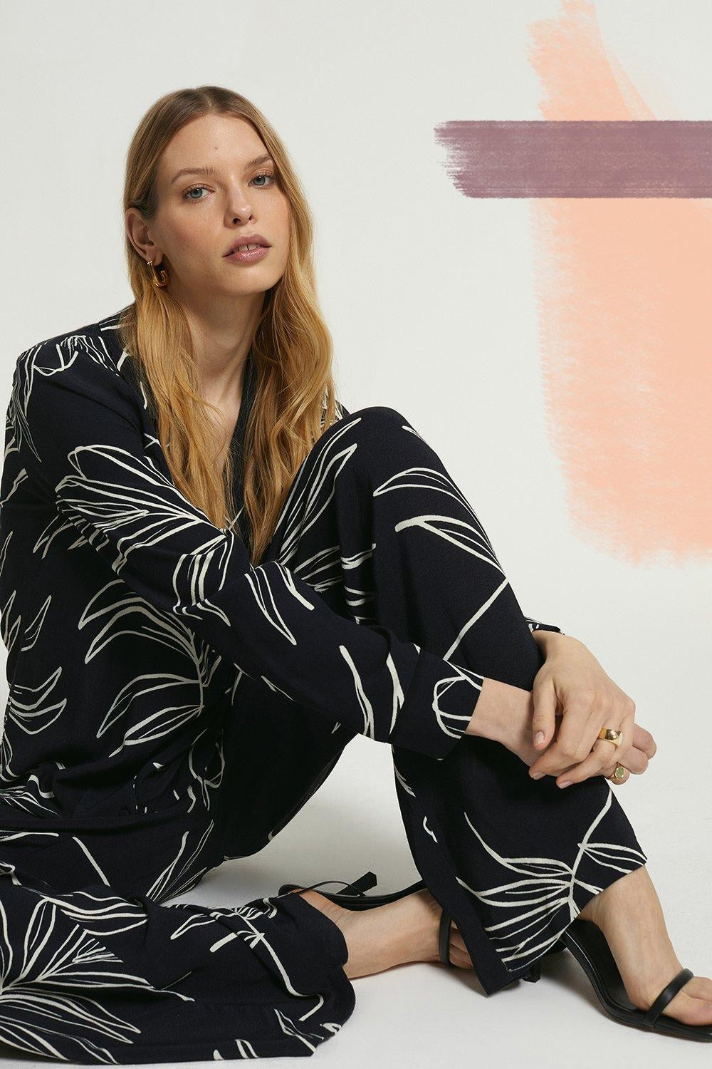 Rayon Slub Black leaf pattern Digtial Print Cord Set