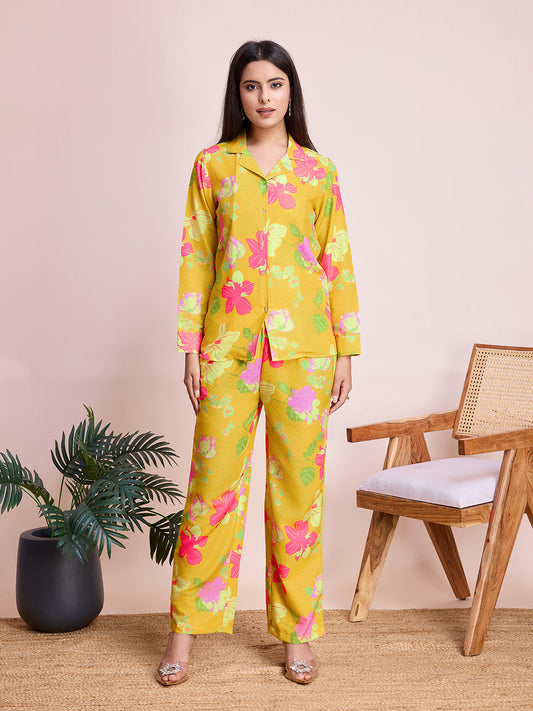 Yellow Floral Digital Print Rayon Slub Cord Set