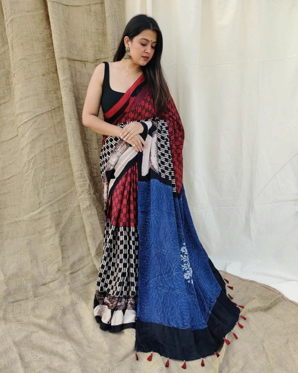 Blue & Red Digital Print Original Japan Satin (Devsena satin)