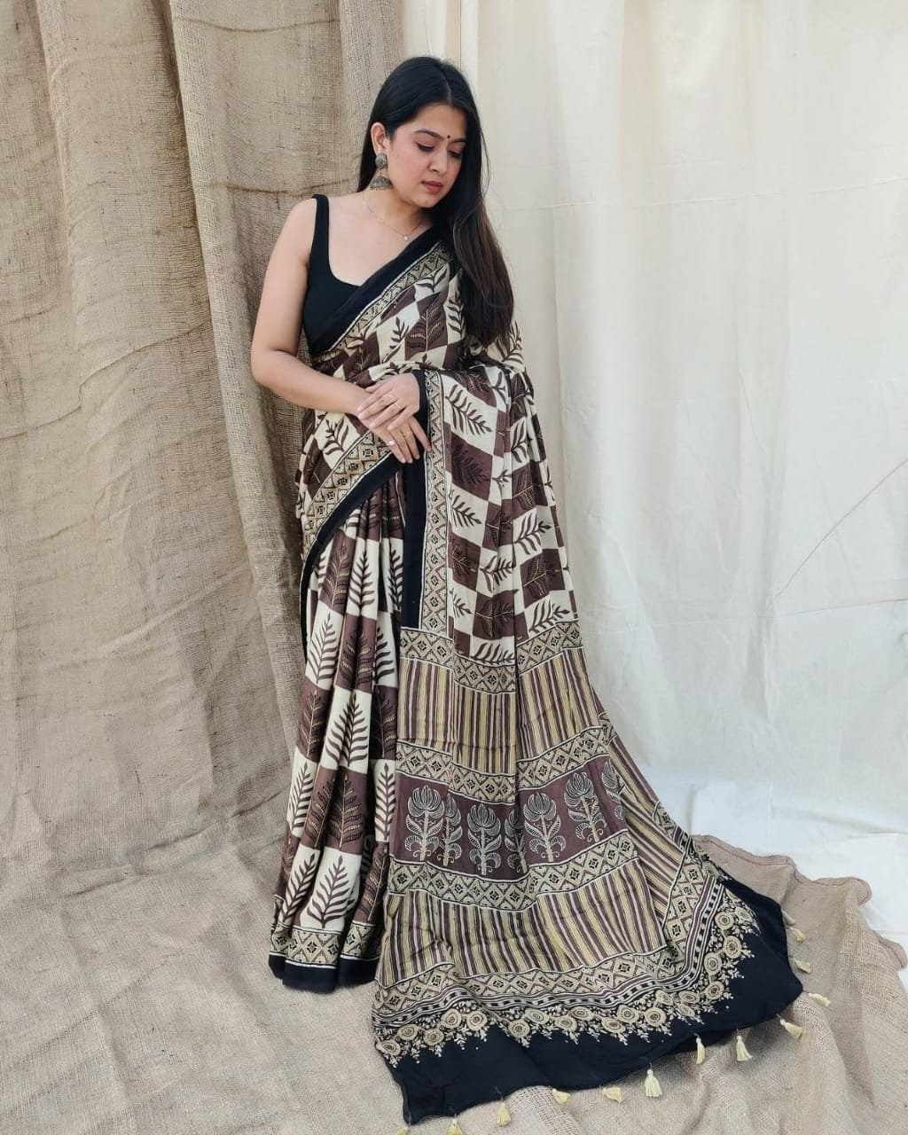 Black & Brown Traditional Block Print Style Digital Saree   Original Japan Satin (Devsena satin)