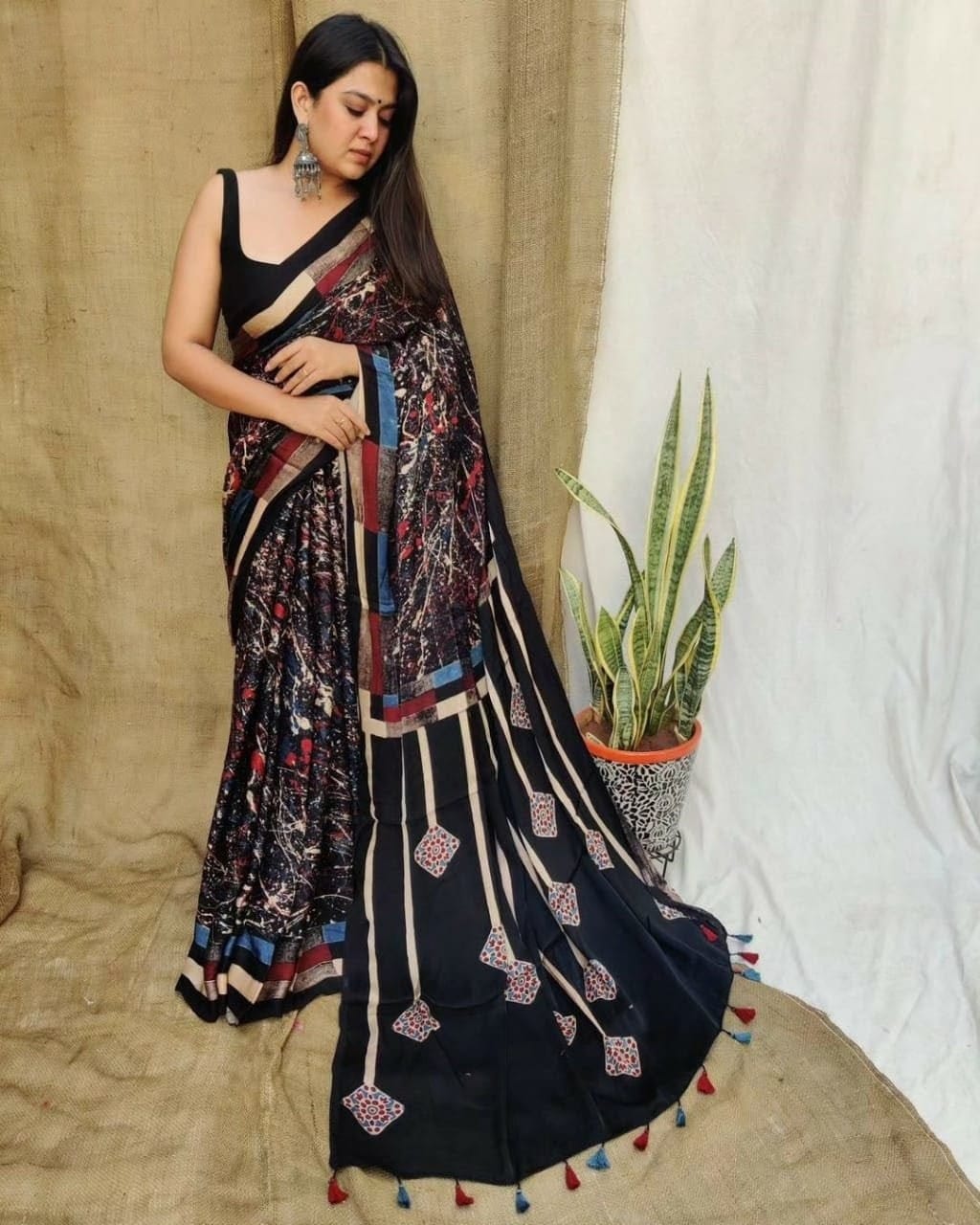 Black & Multi-Color Abstract Digital Print Saree with Tassels  Digital Print  Original Japan Satin (Devsena satin)