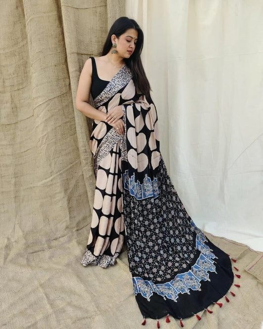 Black & Beige Dual-Print Crepe Saree with Polka Dots  Original Japan Satin (Devsena satin)