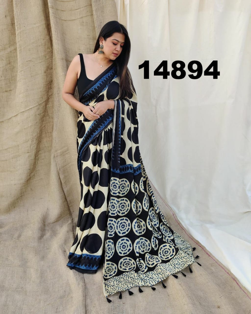 Black and Cream Polka Dots Digital Print Original Japan Satin (Devsena satin)