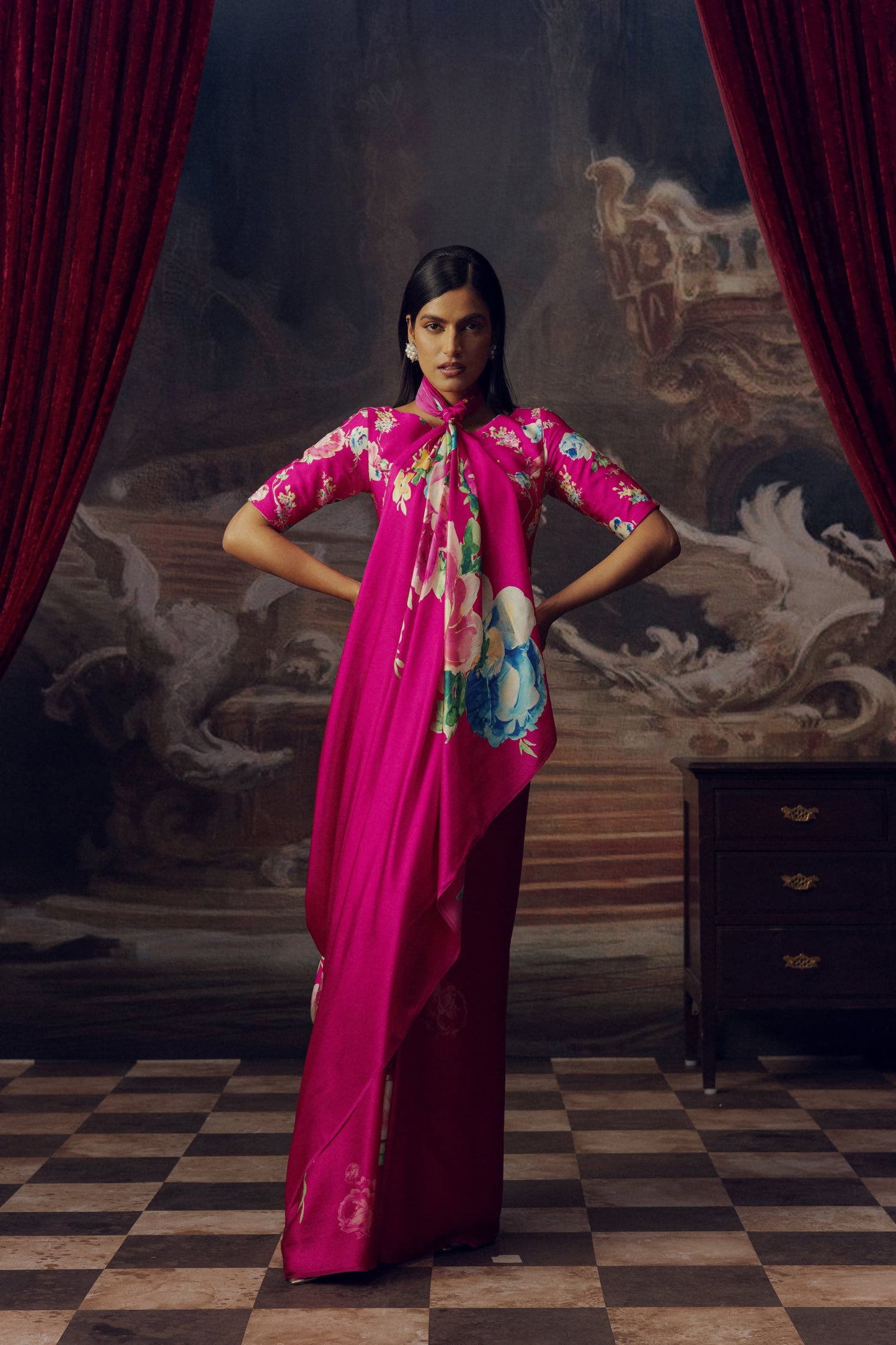 Firozi Floral Digital Printed  Original Japan Satin (Devsena satin)