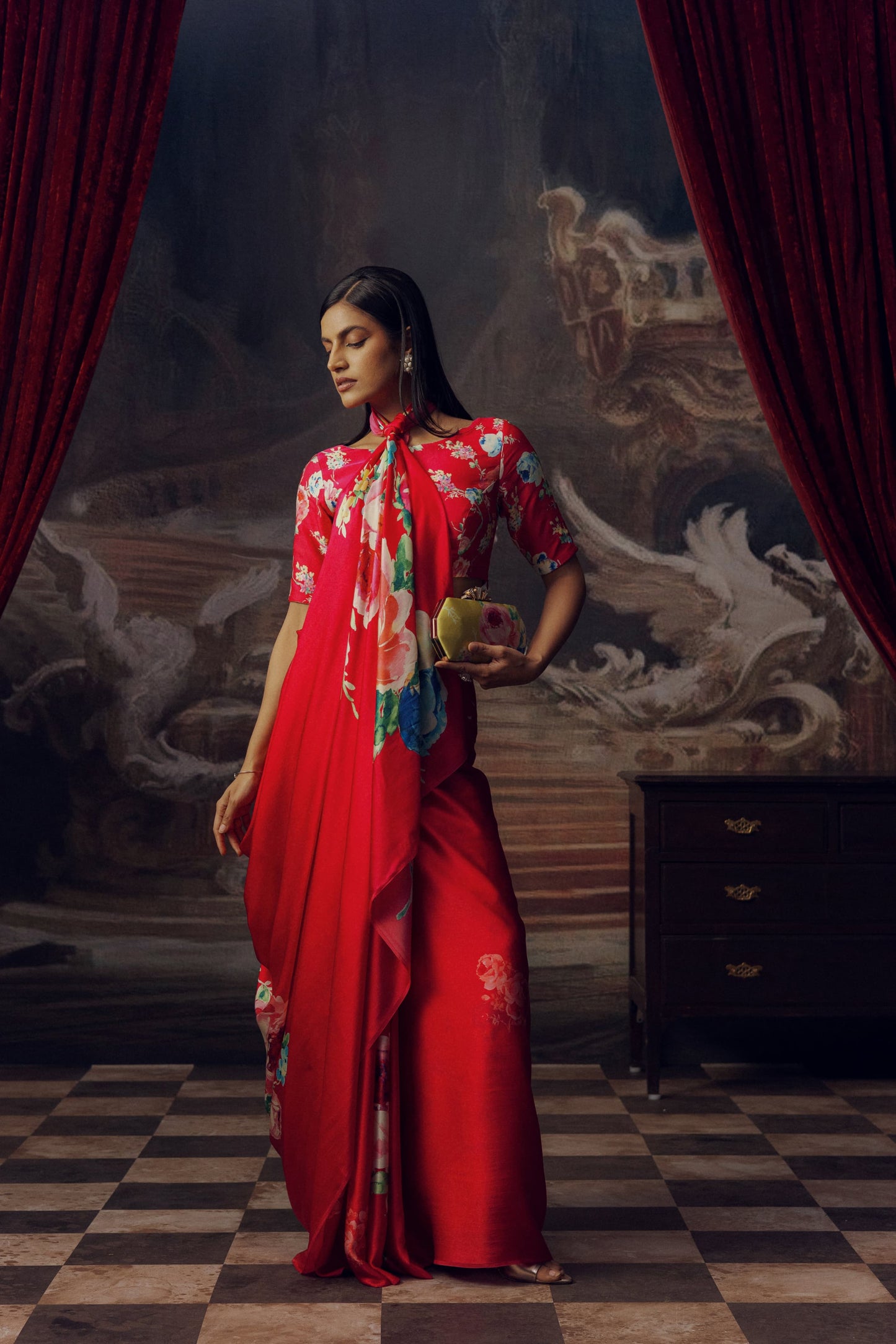 Firozi Floral Digital Printed  Original Japan Satin (Devsena satin)