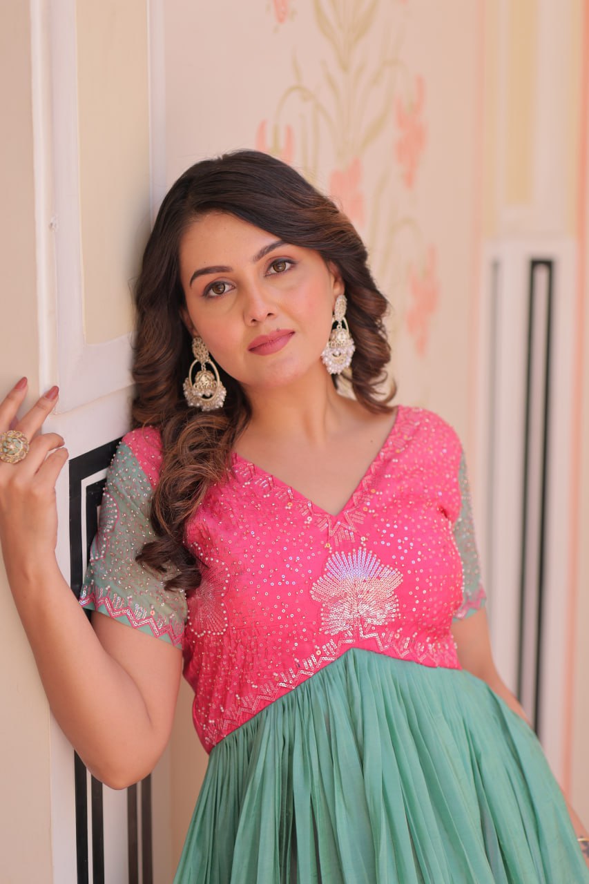 GOWN-Gold Crush Padding With Beads Embroidered Work.