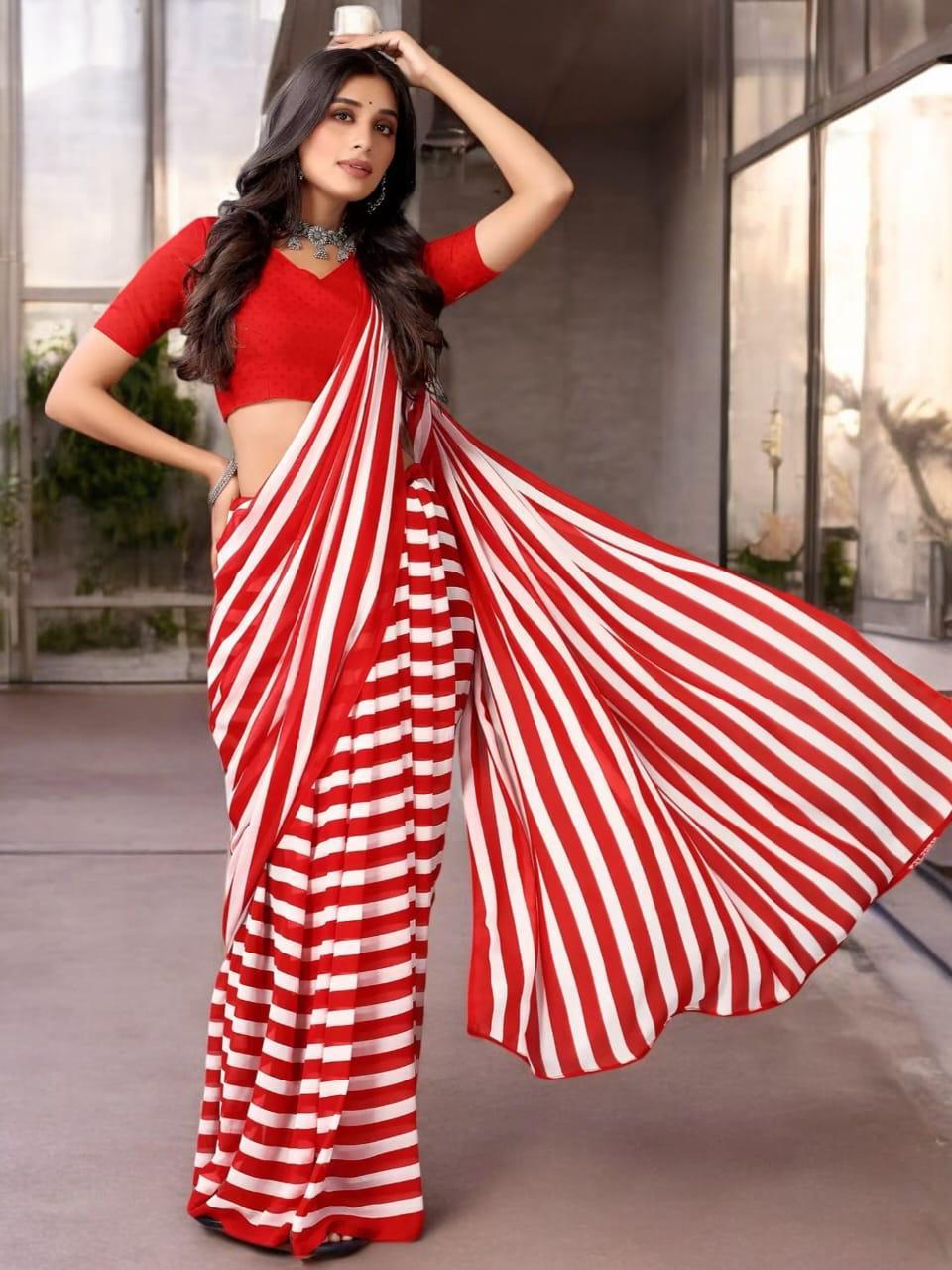 Red White Lining 1 minute Soft Georgette Saree
