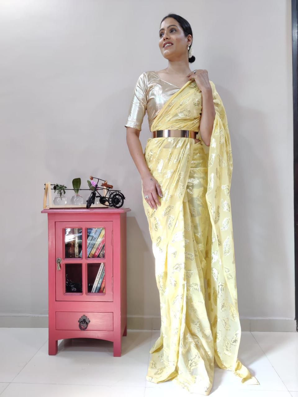 1 min Alia Bhatt Soft Georgette Pink Yellow Green Shade Saree Ready to Wear
