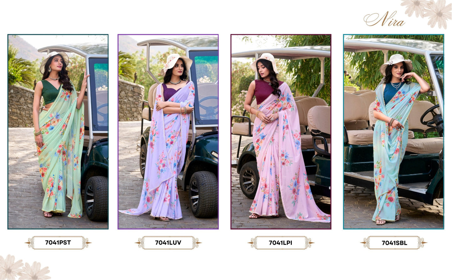 Floral Printed With Pearl Lace Border