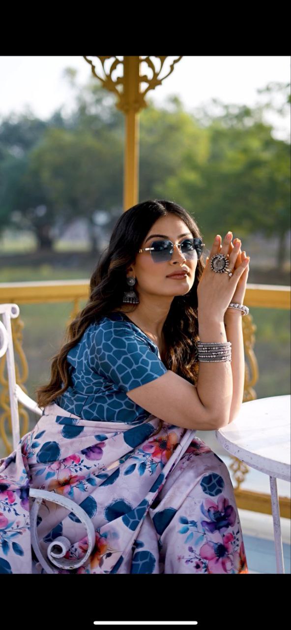 Satin Saree with Blue Polka Dot & Multi-Floral Digital Print Original Japan Satin (Devsena satin)