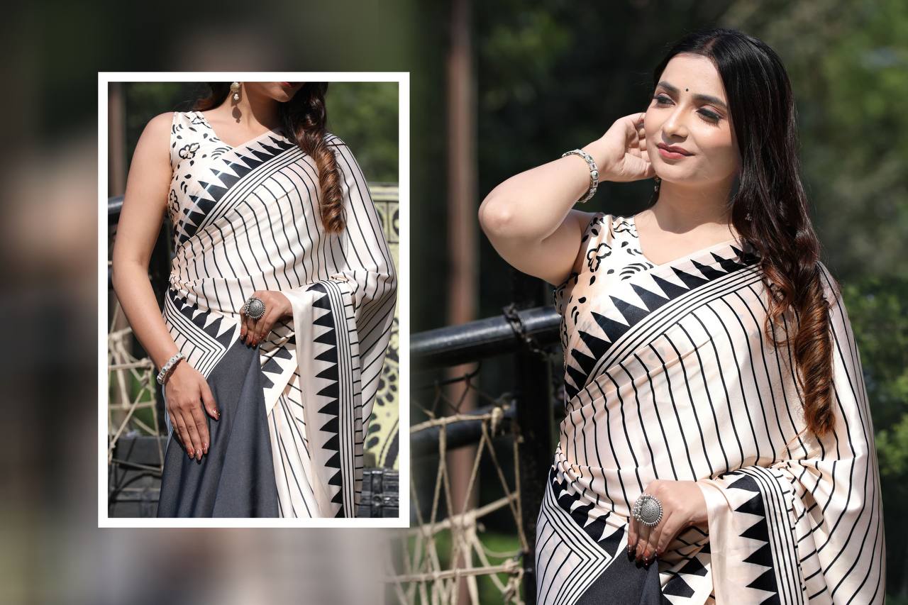 White & Black Stripe Digital Print Original Japan Satin (Devsena satin)