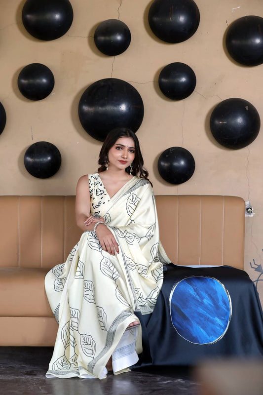 Cream Colour Satin Silk Saree with Contrast Black Leaf Print Original Japan Satin (Devsena satin)