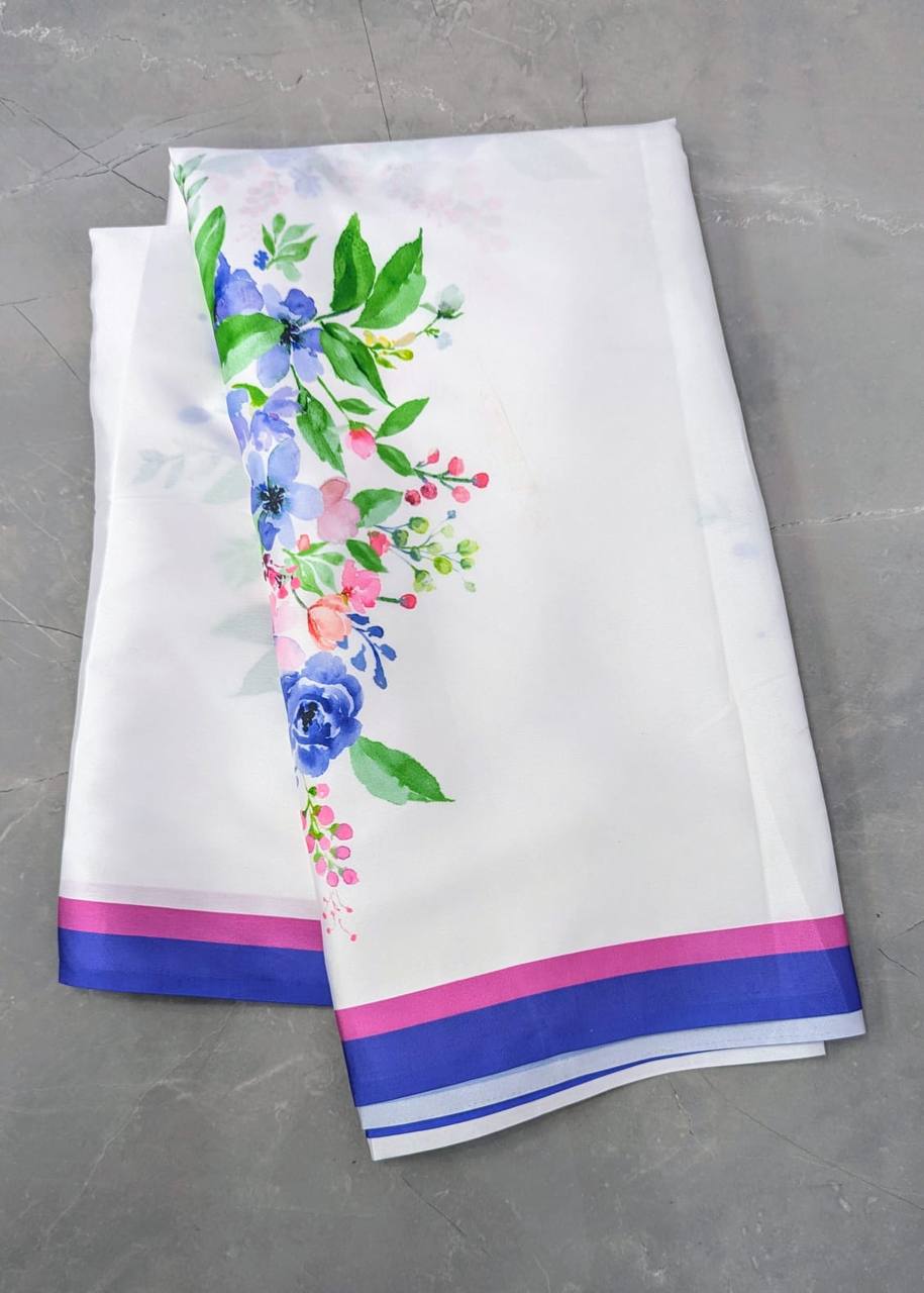 Alia White digital Floral Print Original Japan Satin (Devsena satin)