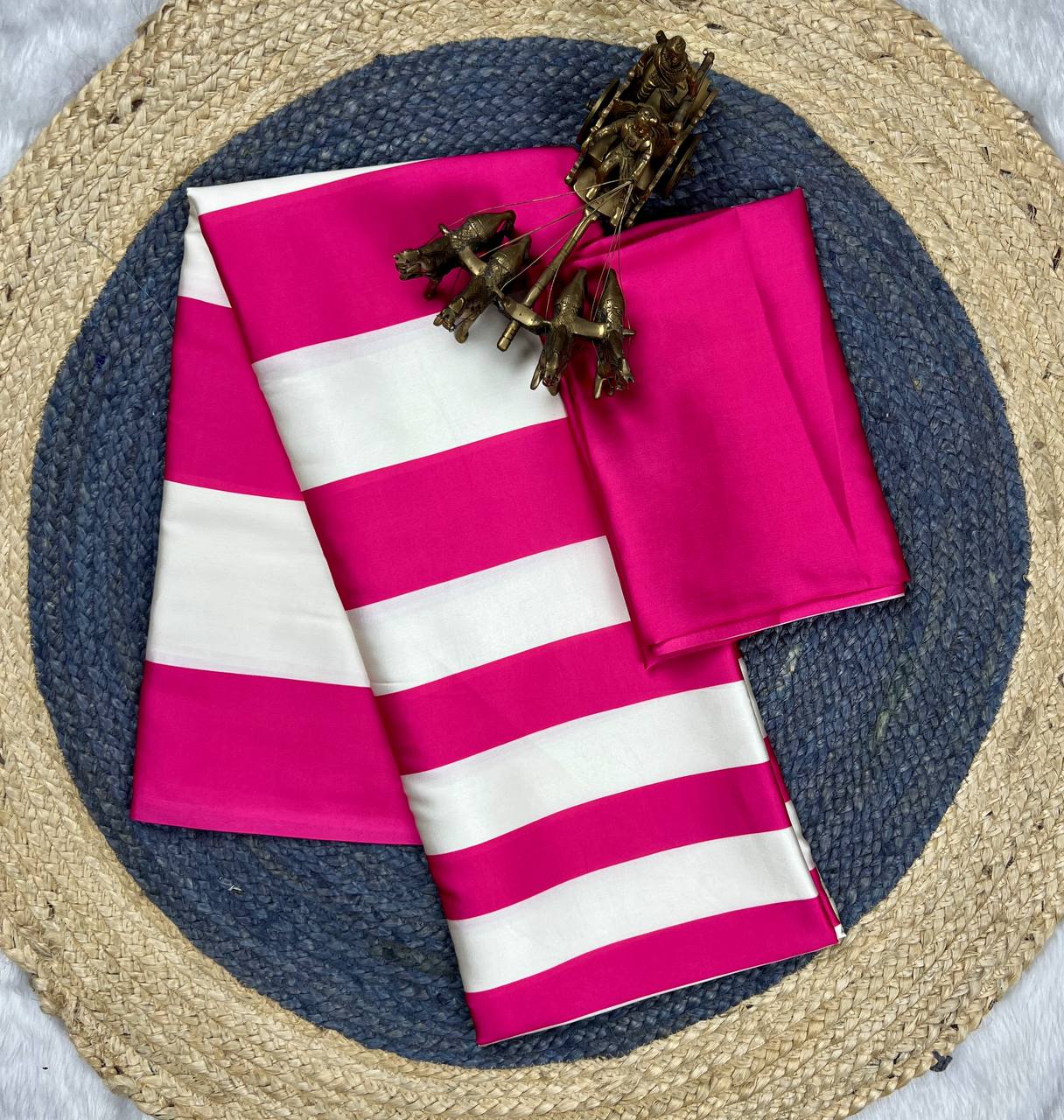 Pink & White Vertical Stripe Digital Print  saree Original Japan Satin (Devsena satin)