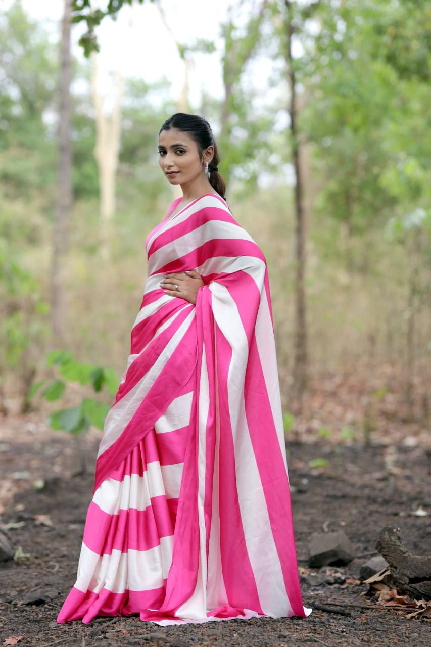 Pink & White Vertical Stripe Digital Print  saree Original Japan Satin (Devsena satin)