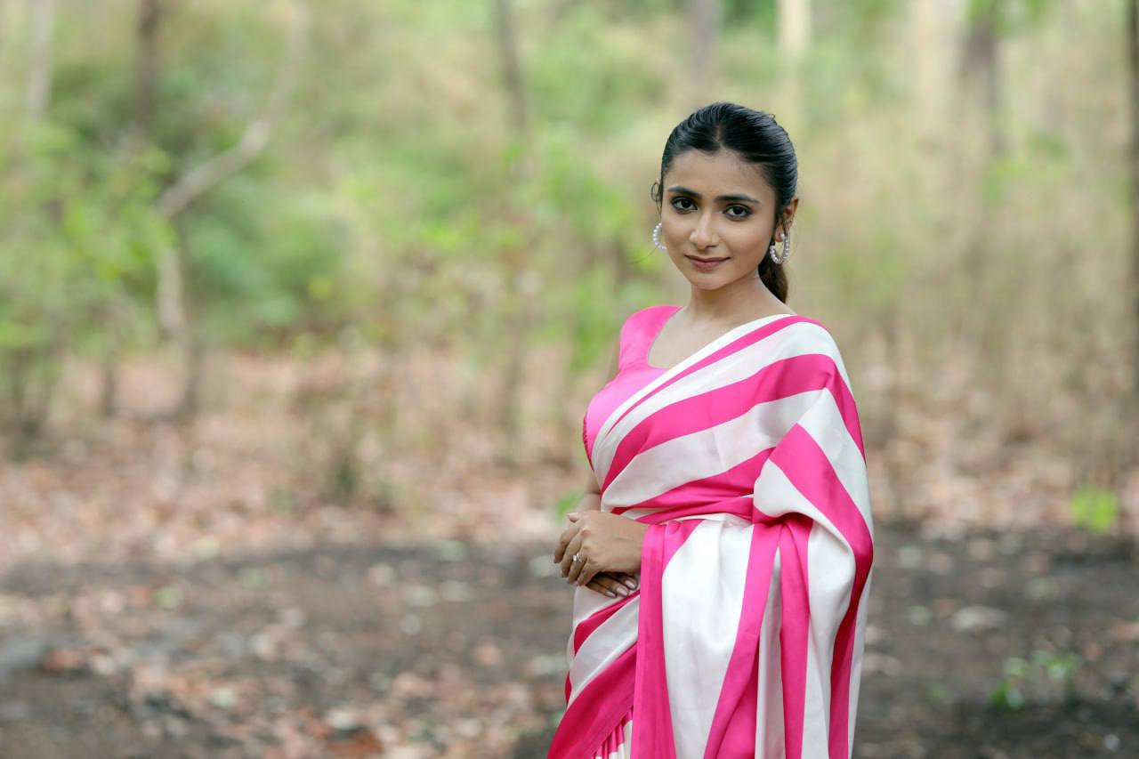 Pink & White Vertical Stripe Digital Print  saree Original Japan Satin (Devsena satin)