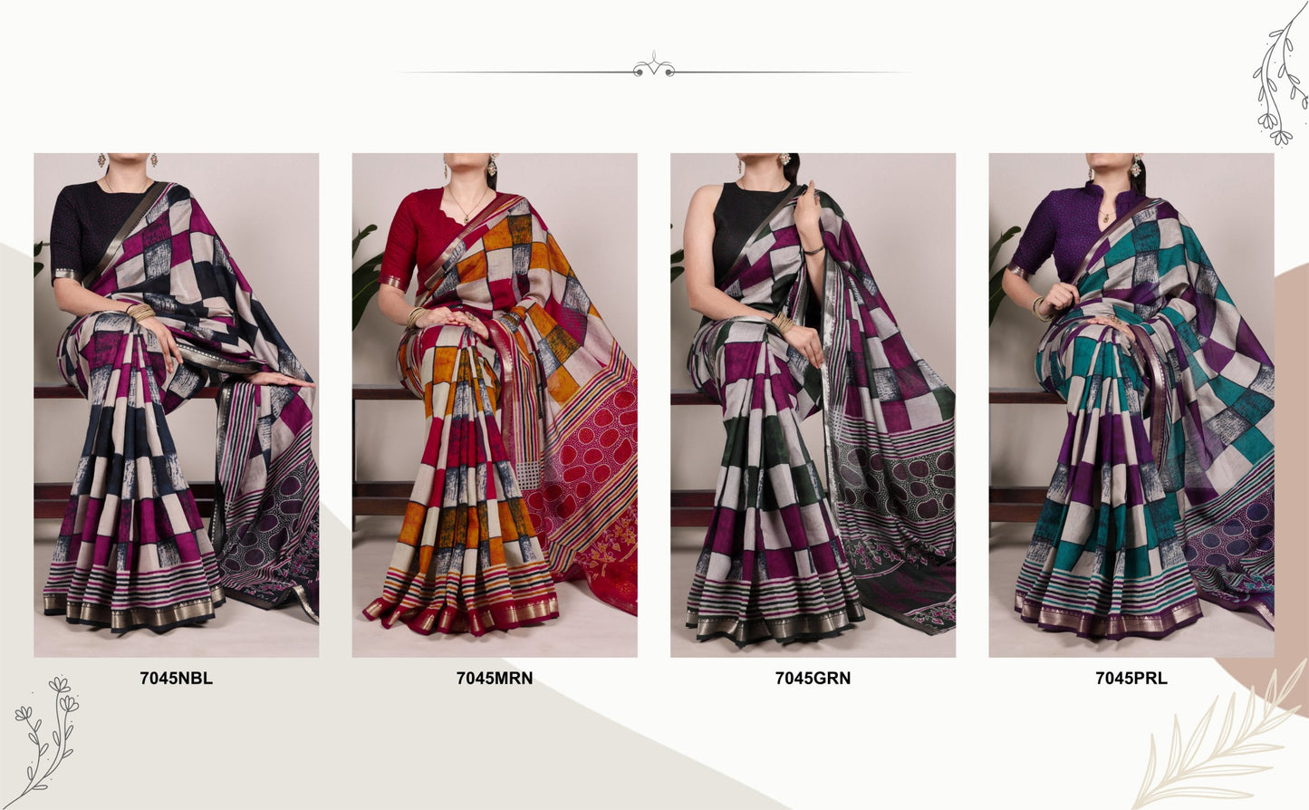 Digtial Printed Maroon Box Pattern With Temple Border Saree