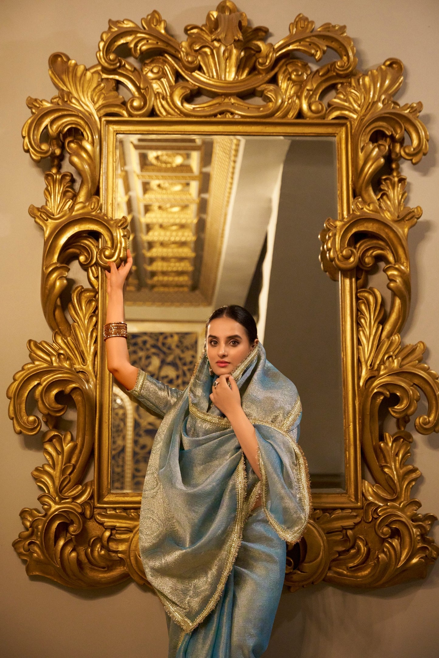 Tissue Shimmer Saree Zari Weaving Work With Sequins Lace Border